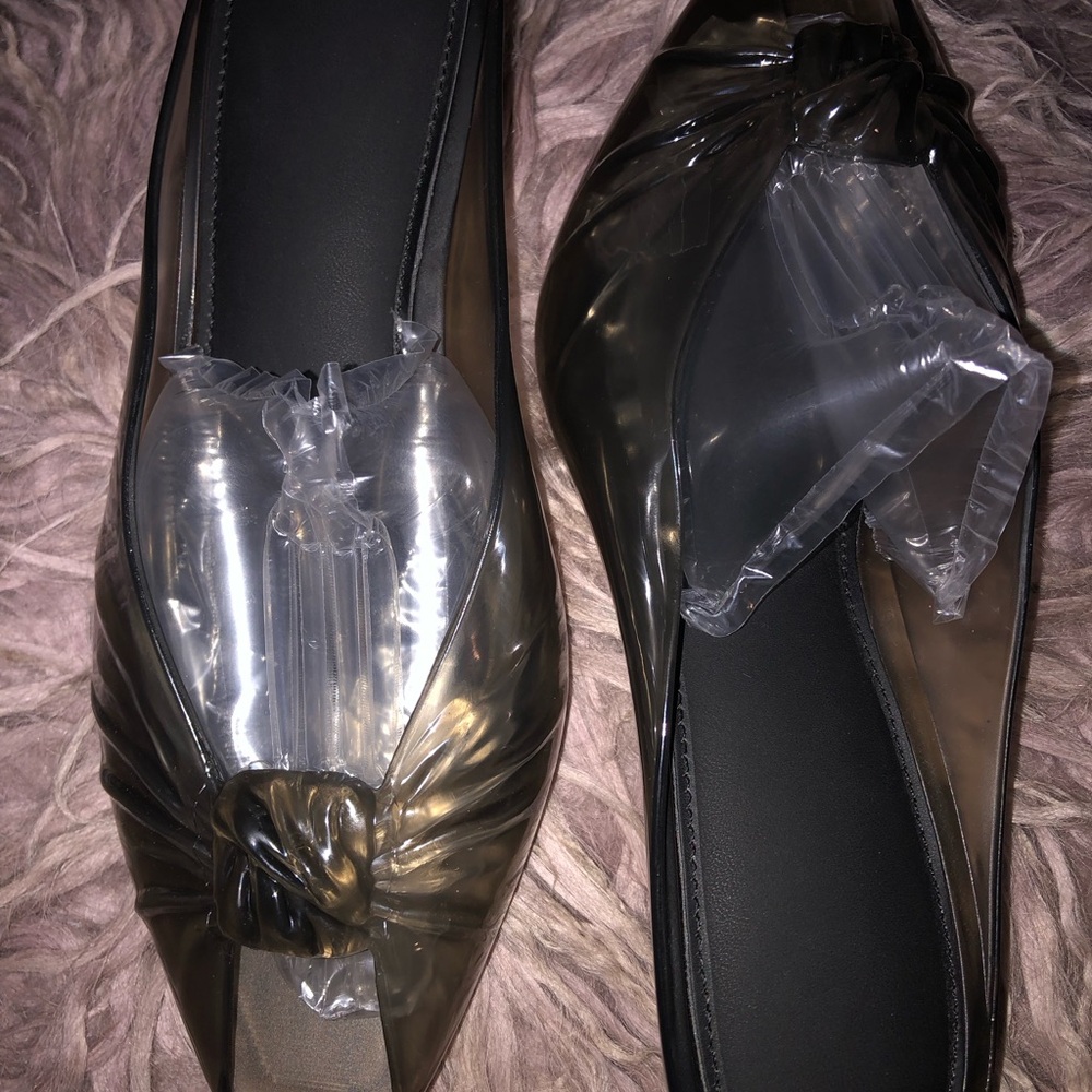 Jelly Black Puff Knot Pointed Toe Kitten Heels  (Transparent Black)